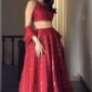 Side view of mirror work lehenga set in Malai satin silk