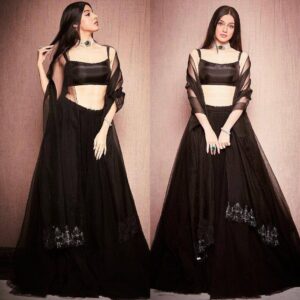 Black organza lehenga with 4.25 meter flair and stylish party wear look