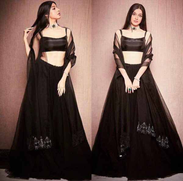 Black organza lehenga with 4.25 meter flair and stylish party wear look