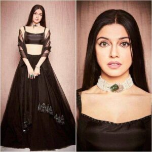 Modern black designer lehenga with satin blouse and organza dupatta