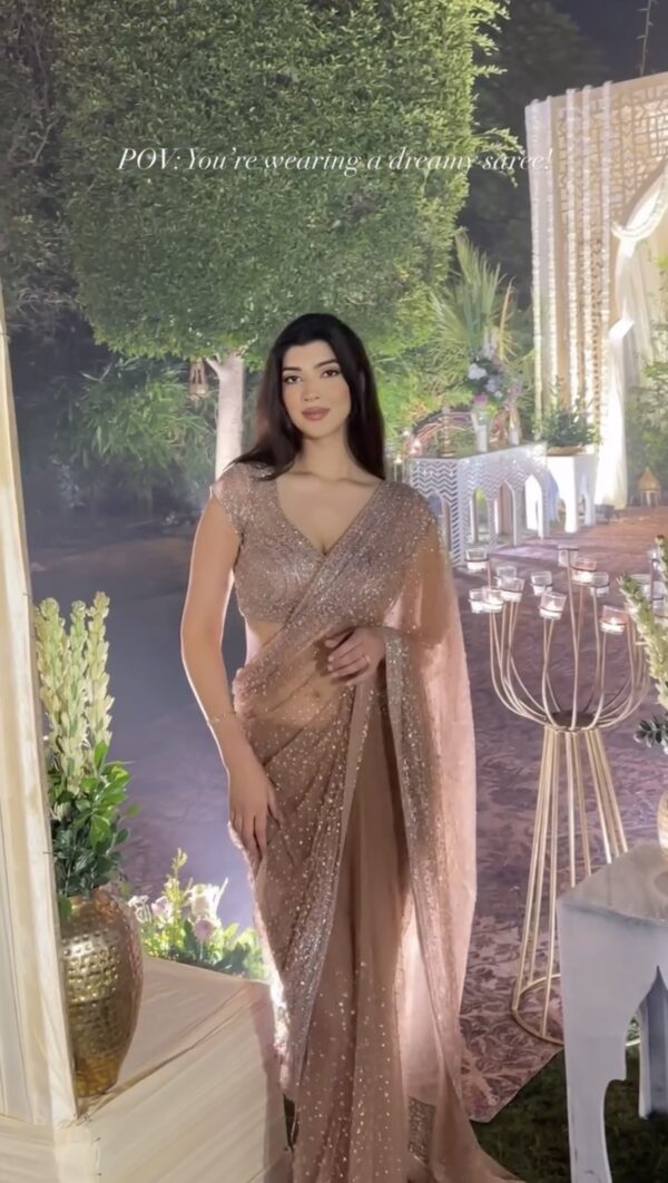 Nude champagne sequin saree for wedding and reception