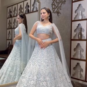 Moonlight ice blue designer lehenga with heavy sequins and thread work bridal wear