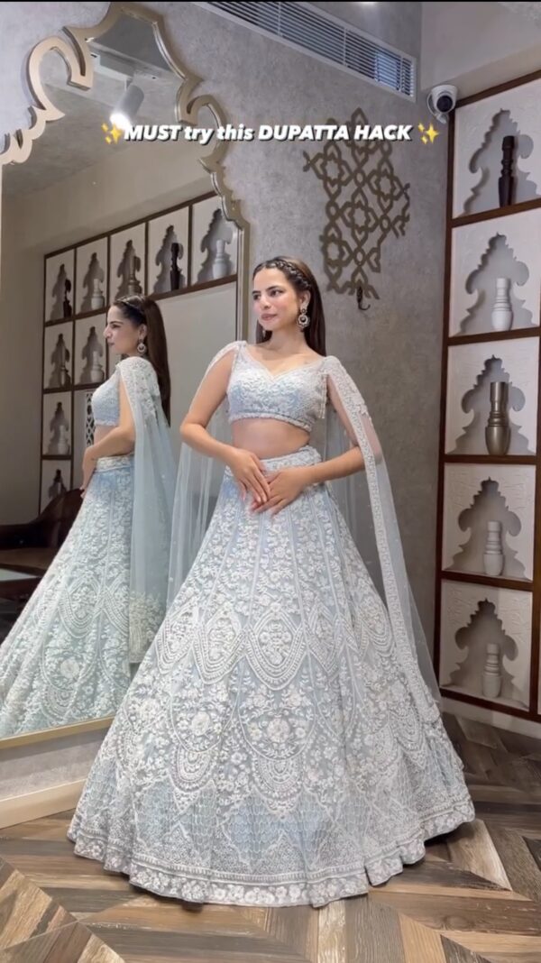 Moonlight ice blue designer lehenga with heavy sequins and thread work bridal wear