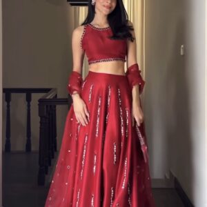Net dupatta with thread and real mirror work for red bridal lehenga