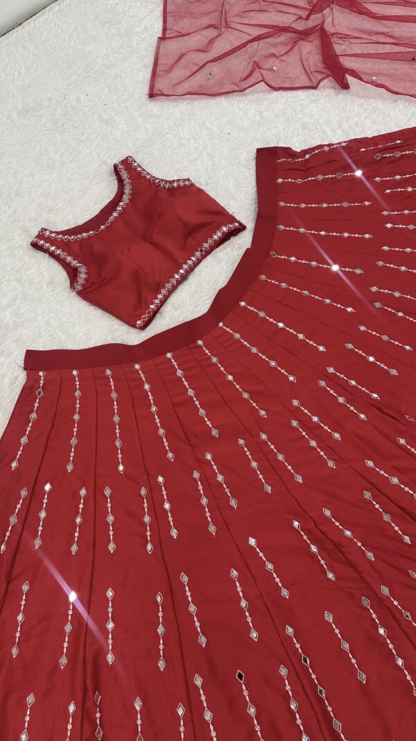 Designer red mirror work lehenga for reception and sangeet wear