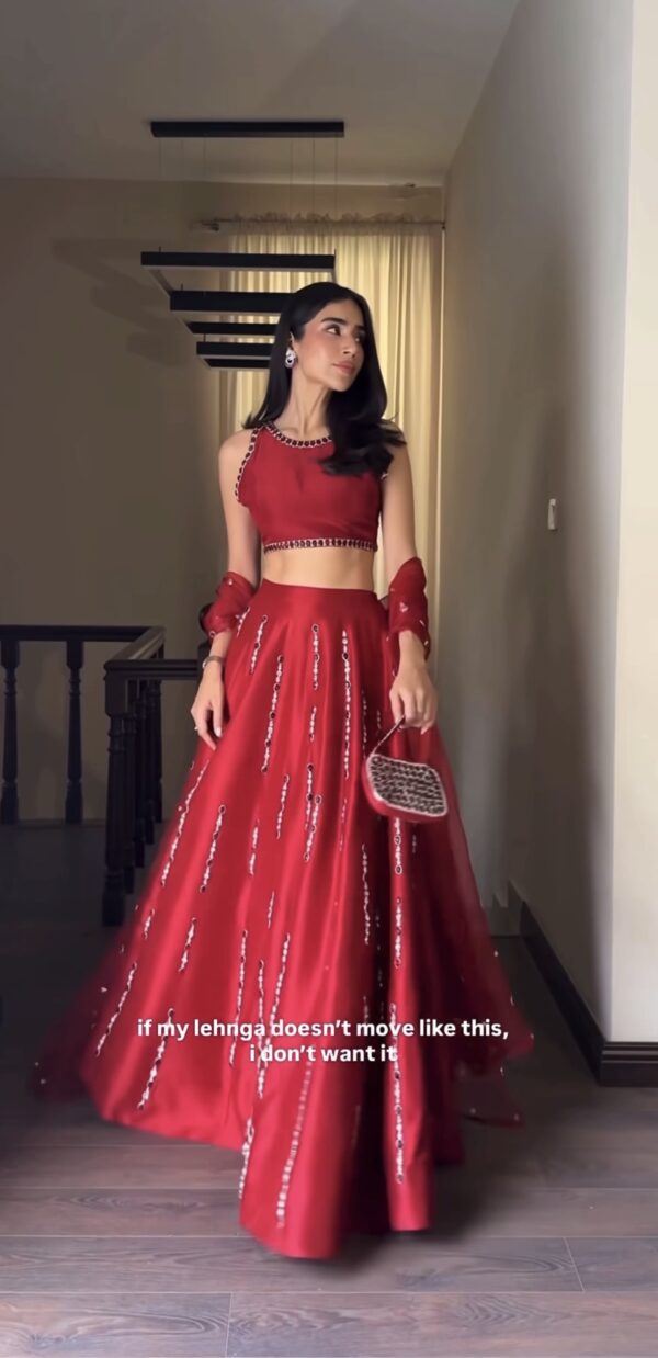 Heavy flare red wedding lehenga with 3.5 meter twirl and mirror detailing