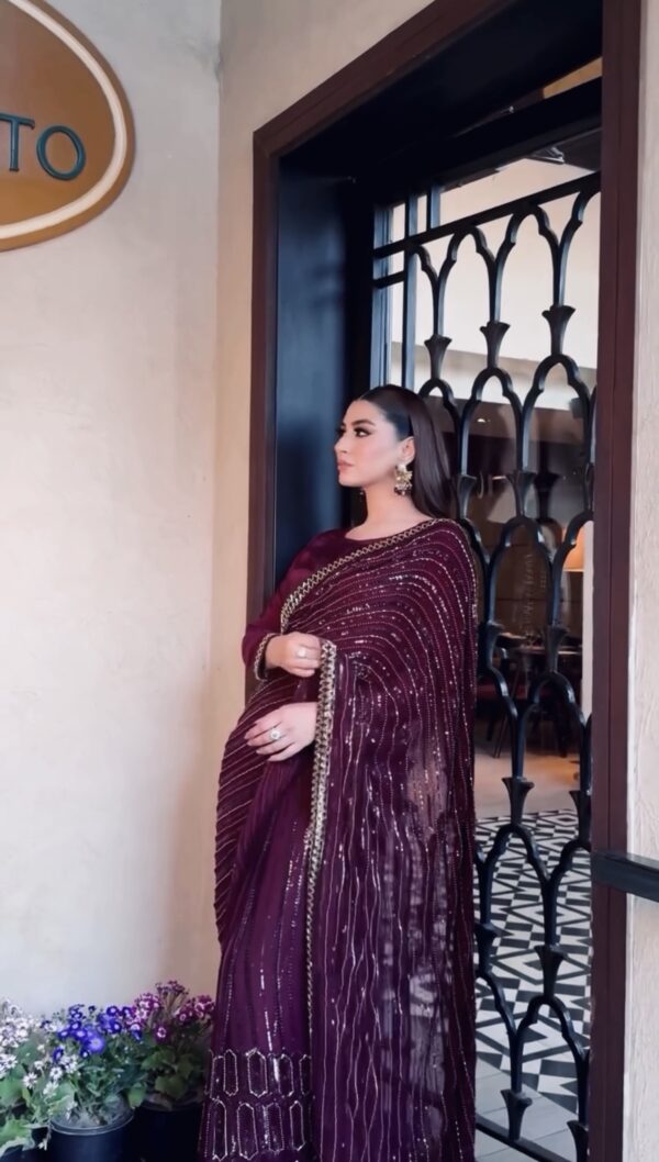 Burgundy Kasturi silk saree with sequin embroidery and satin blouse