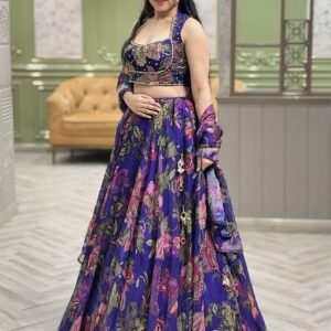 Designer purple floral tabby silk lehenga side pose with zari blouse
