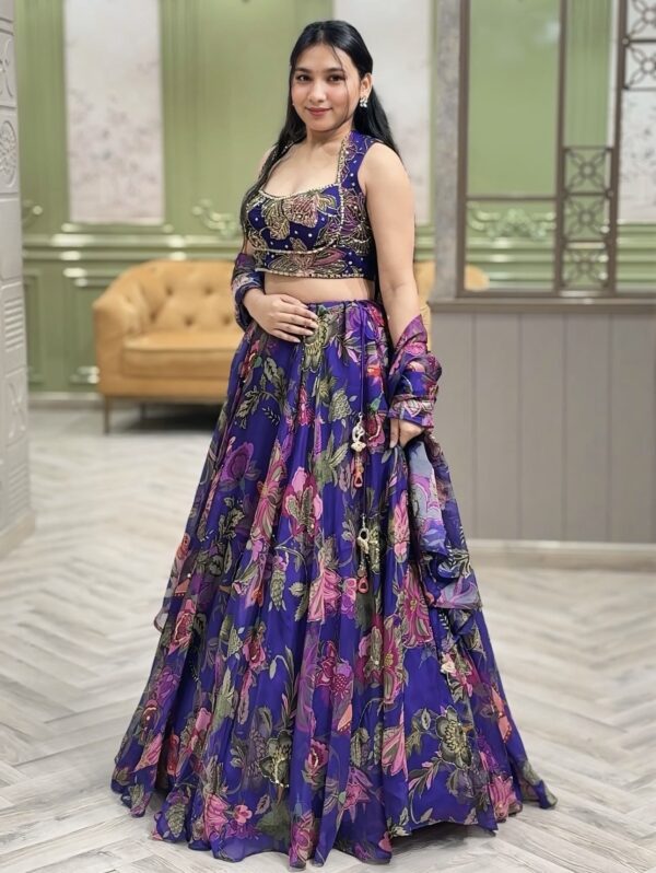 Designer purple floral tabby silk lehenga side pose with zari blouse