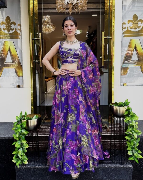 Royal Violet Bloom Tabby Silk Lehenga Set with floral print and stone work front view