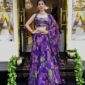 Royal Violet Bloom Tabby Silk Lehenga Set with floral print and stone work front view