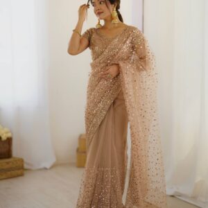 Midnight Glam Sequin Net Party Wear Saree Champagne Gold Designer Saree