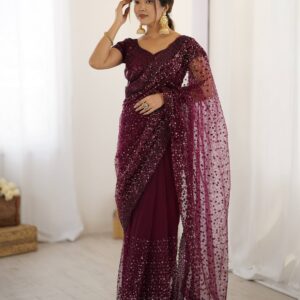 Midnight Glam Sequin Net Party Wear Saree Emerald Green Designer Saree