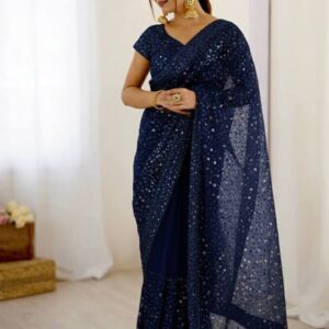 Midnight Glam Sequin Net Party Wear Saree Navy Blue Designer Saree