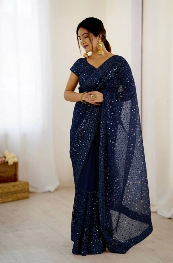 Midnight Glam Sequin Net Party Wear Saree Navy Blue Designer Saree