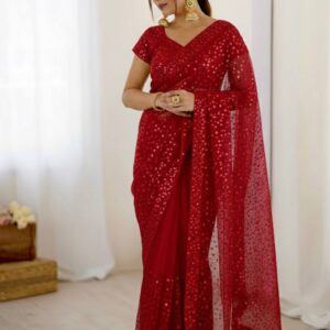 Midnight Glam Sequin Net Party Wear Saree Red Colour Designer Saree