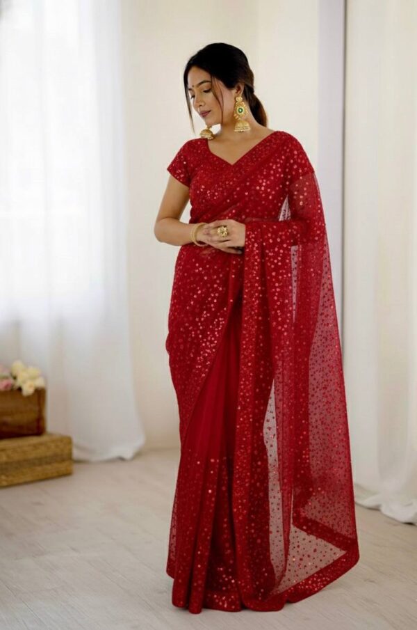 Midnight Glam Sequin Net Party Wear Saree Red Colour Designer Saree