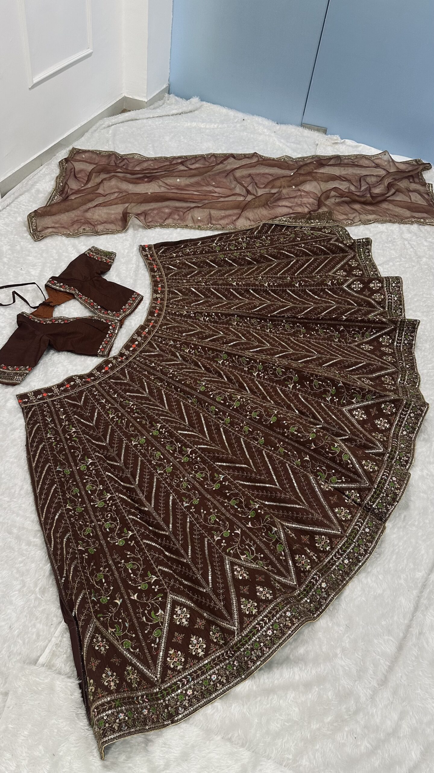 Brown Thai Silk Bridal Lehenga - Image 4