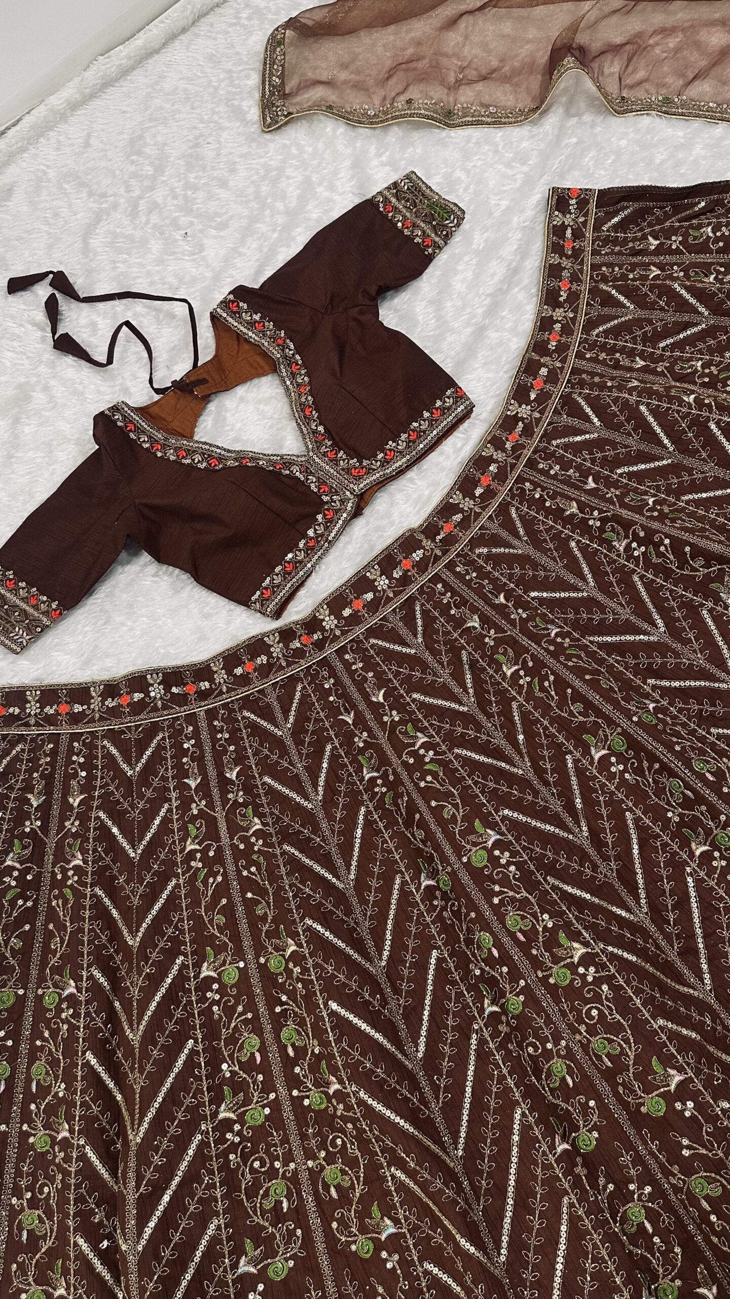 Brown Thai Silk Bridal Lehenga - Image 3