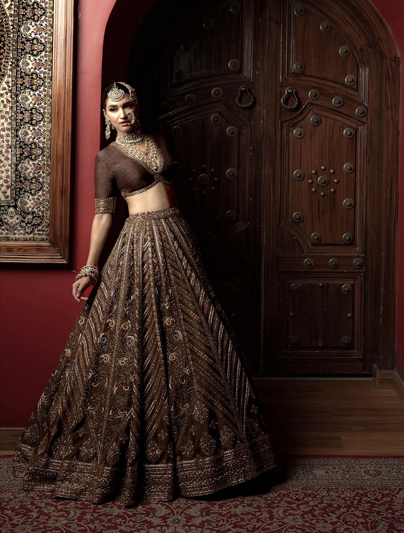 Brown Thai Silk Bridal Lehenga - Image 7