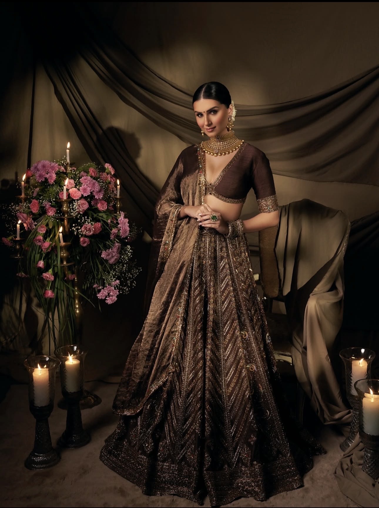 Brown Thai Silk Bridal Lehenga - Image 11