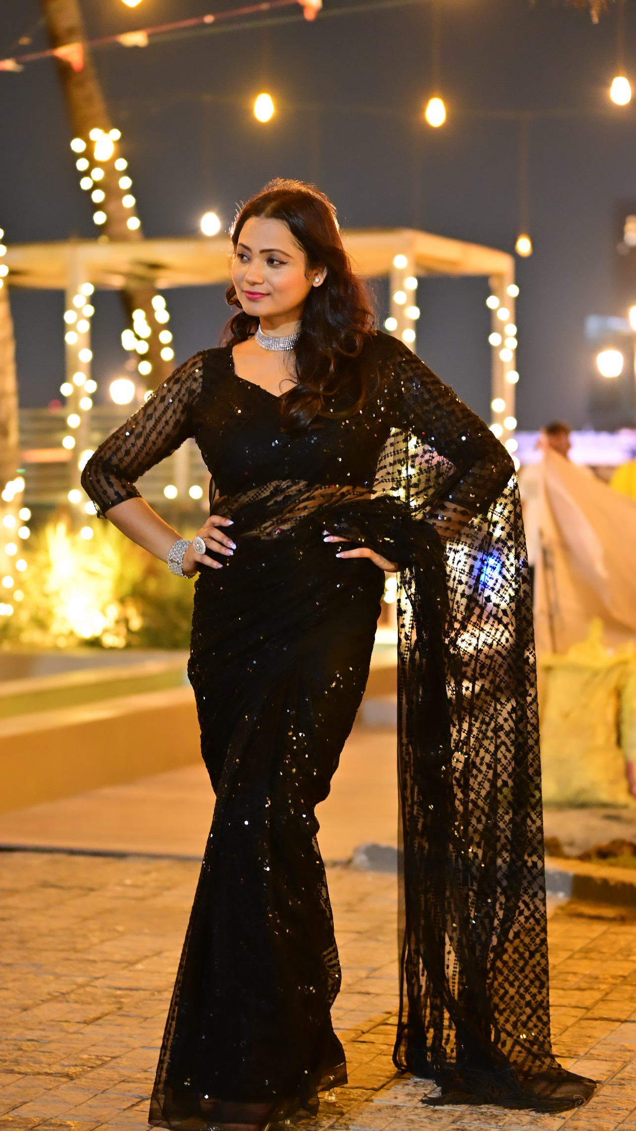 Midnight Elegance Black Sequin Net Saree - Image 6