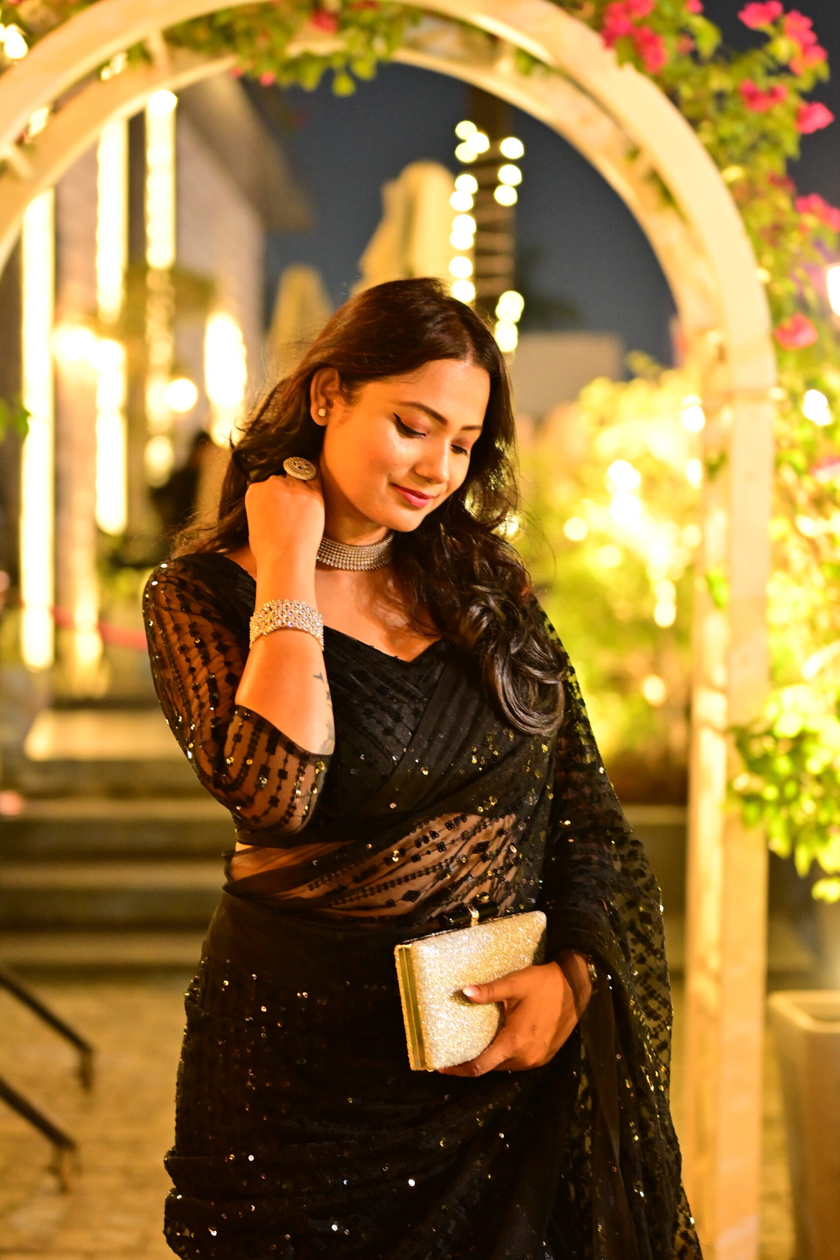 Midnight Elegance Black Sequin Net Saree