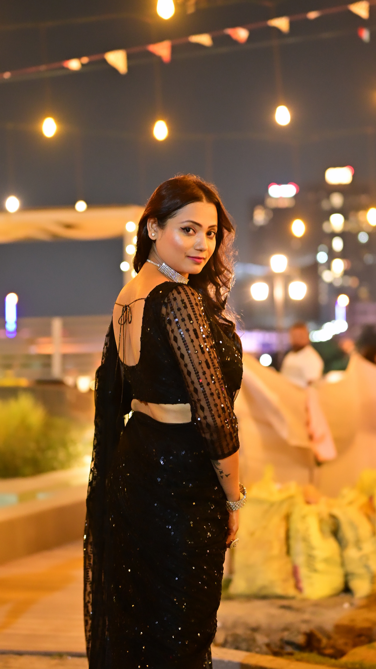 Midnight Elegance Black Sequin Net Saree - Image 3