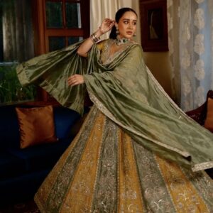 Olive Green Roman Satin Silk Lehenga
