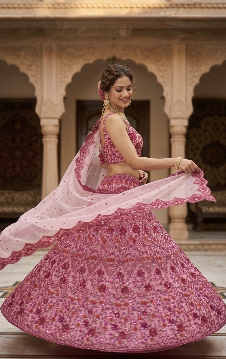 Hot Pink Net Lehenga