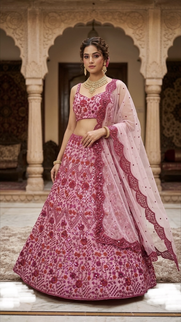 Hot Pink Net Lehenga - Image 3